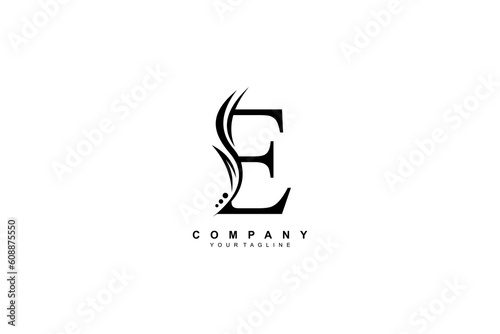 Luxury black E logo design with feather. premium E letter monogram logo. suitable for business logos, beauty logos, company logos, boutiques, spas, salons, etc