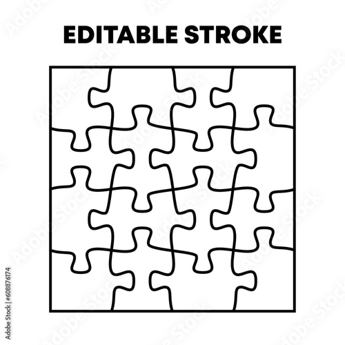 16 jigsaw puzzle linear template. Editable stroke vector isolated on white background.