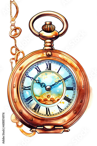 pocket watch time watercolor clipart isolated on white background