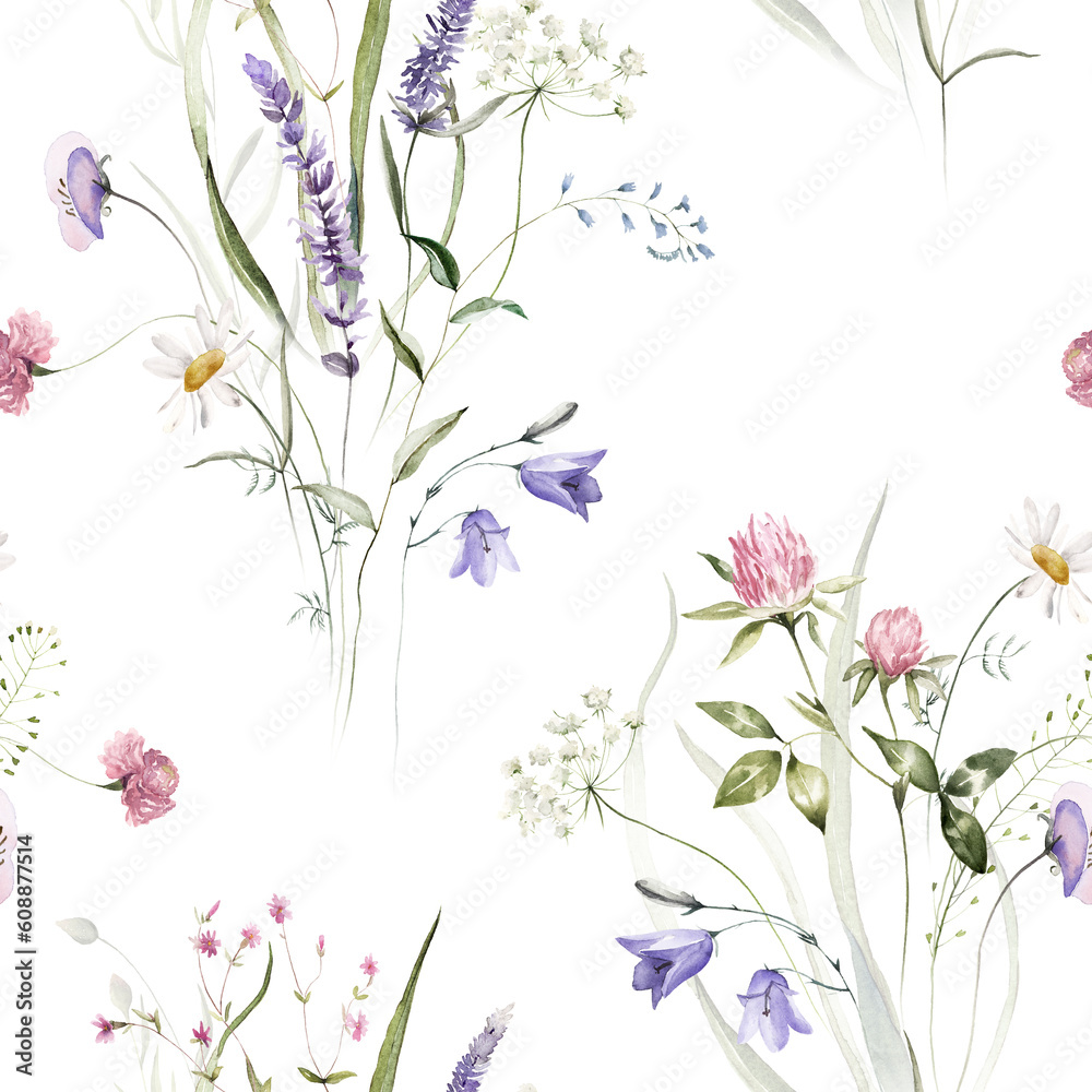 Watercolor seamless pattern white background - illustration with green leaves, pink blue yellow buds and branches. Wild field herbs flowers. Wedding invites, fashion, prints, backgrounds. Wildflowers.