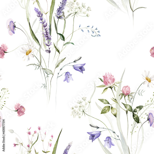 Watercolor seamless pattern white background - illustration with green leaves, pink blue yellow buds and branches. Wild field herbs flowers. Wedding invites, fashion, prints, backgrounds. Wildflowers. © Veris Studio