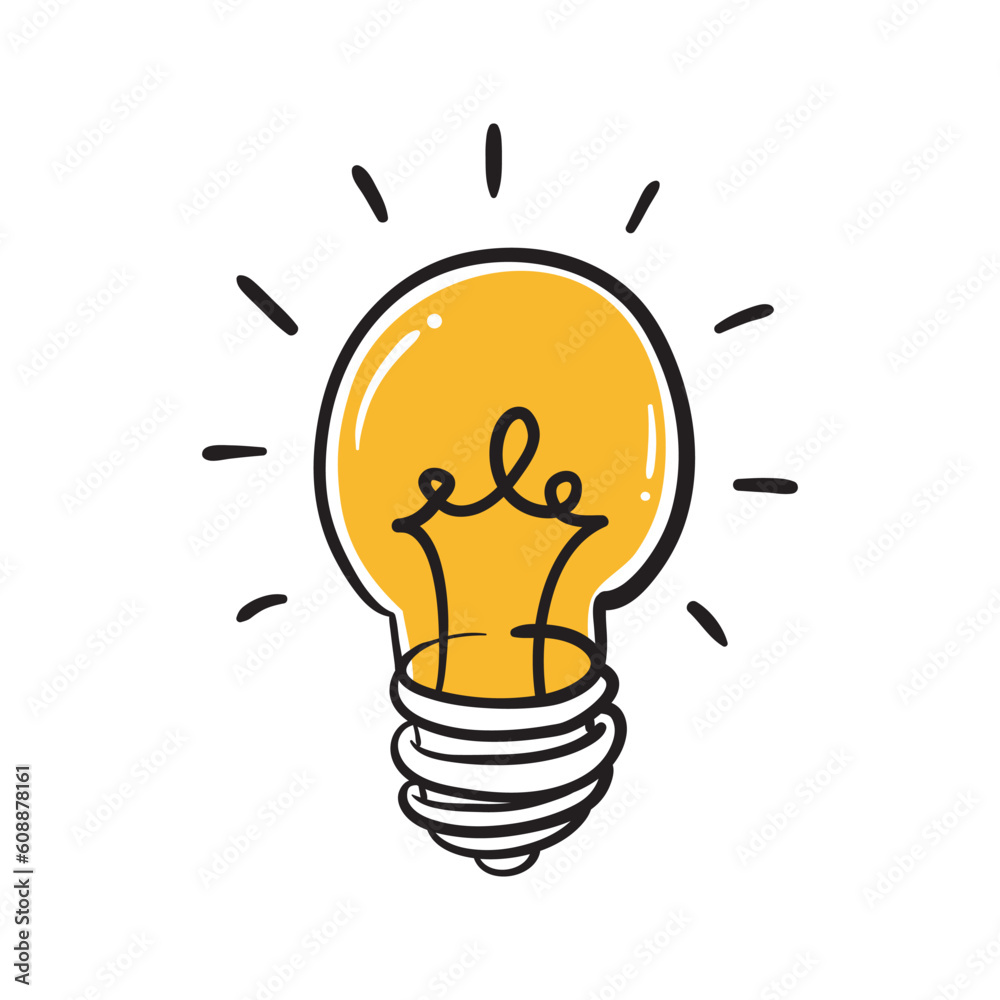 Light bulb with shining light. Cartoon style. Flat style. Hand drawn style. Doodle style. Symbol of creativity, innovation, inspiration, invention and ideas. Vector illustration Light bulb with shining light. Cartoon style. Flat style. Hand drawn style. Doodle style. Symbol of creativity, innovation, inspiration, invention and ideas. Vector illustration
