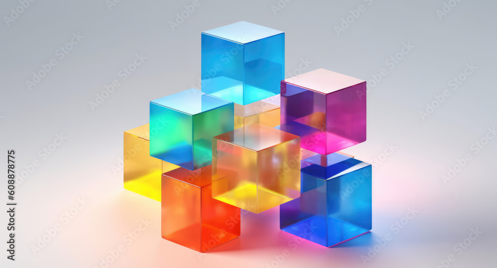 Multicolored glass cubes on a light background. Abstract colorful wallpaper. Multicolored glass cubes on a light background. Abstract colorful wallpaper.
