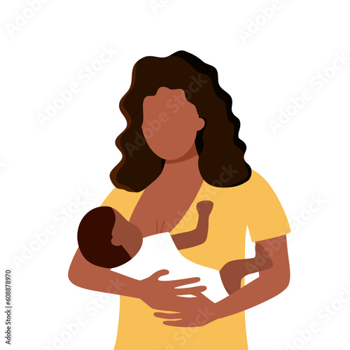 Black mother breastfeeding newborn baby in her arms flat design.