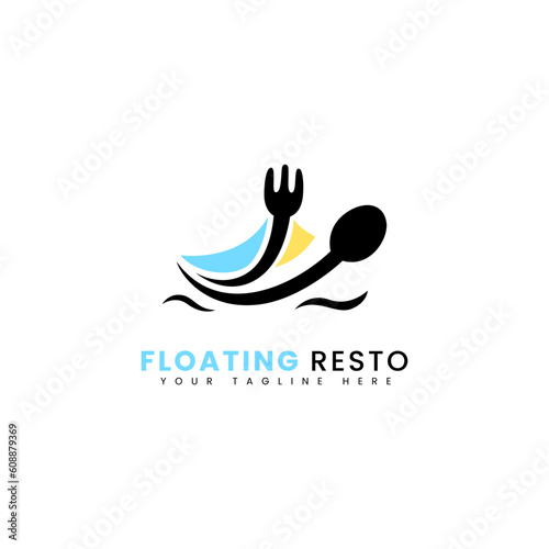 Spoon and fork in the shape of a sailing ship that can be used for a floating restaurant logo.