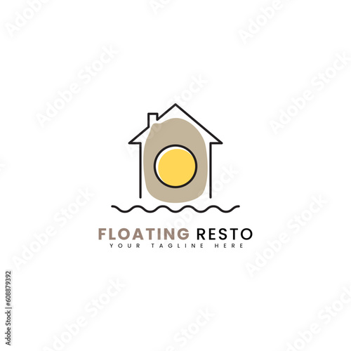 Floating house with omelette color combination, can be used for floating restaurant logo.