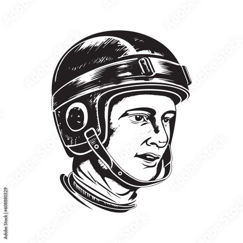 ice hokey player in helmet, vintage logo line art concept black and white color, hand drawn illustration
