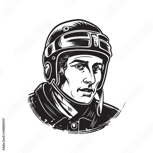 ice hokey player in helmet, vintage logo line art concept black and white color, hand drawn illustration