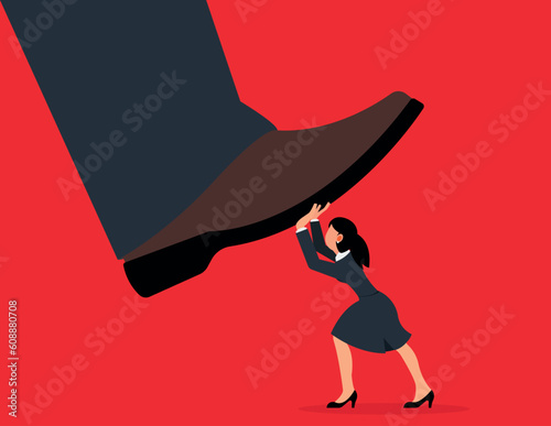 Unfair competition, Conflict or employee fight concept. Small businesswomen trying to push back giant boss or competitor big feet.