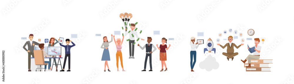 Set of office man and woman character vector design. Business people working in office planning, thinking and economic analysis. Set of office man and woman character vector design. Business people working in office planning, thinking and economic analysis.