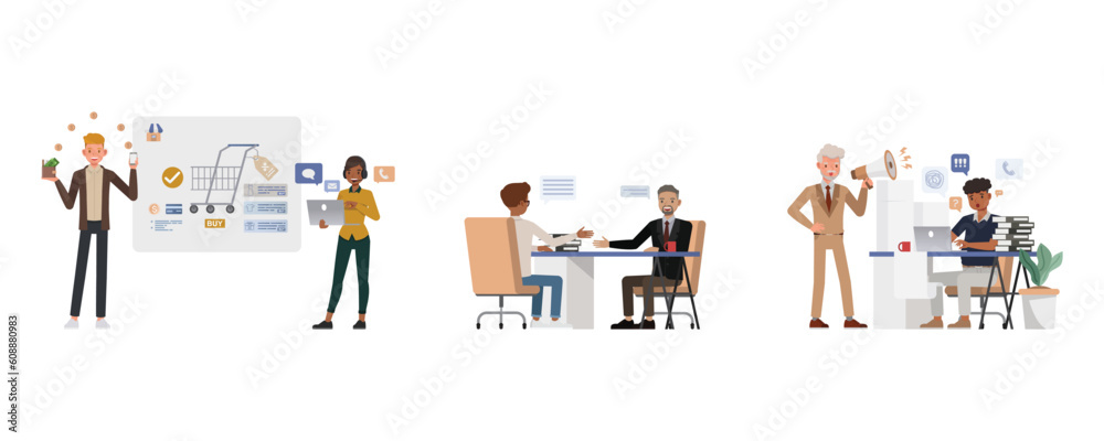 Set of office man and woman character vector design. Business people working in office planning, thinking and economic analysis.