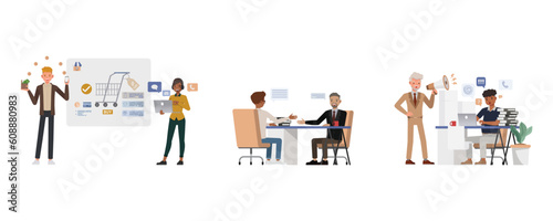 Set of office man and woman character vector design. Business people working in office planning  thinking and economic analysis.