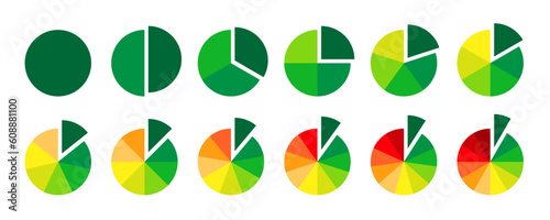 Multicolored circle sections collection. Pie charts diagrams in progress colors. Infographic round elements set. Pack of 1 to 12 slices and sectors. Process phases and stages of cycle. Vector