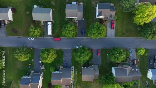 Birds eye view of American neighborhood. Generic family homes in suburb as seen from above. photo