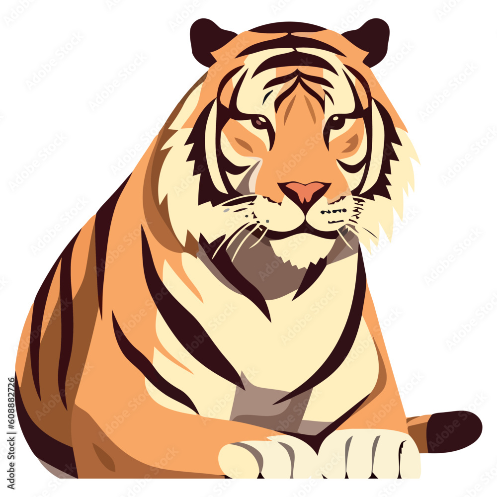 Large, fierce Bengal tiger sitting in isolation