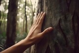 hand and palm touching a tree tree in nature Generative AI