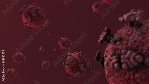 SARS-CoV-2 COVID-19 Virus with Proteins Floating under Microscope with Red Background - 3D Medical Animation photo