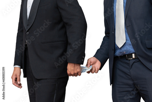 Canvastavla businessman or politic giving and receiving dirty bribe taking money bribery, is