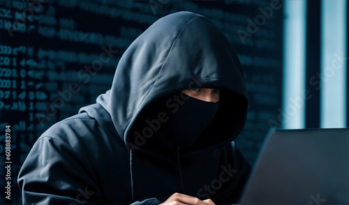 Hacker in black hoodie and mask that hides his face with moden office background from Generative AI