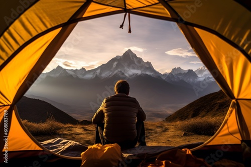 A person enjoying the view of a scenic mountain range from a tent Generative AI