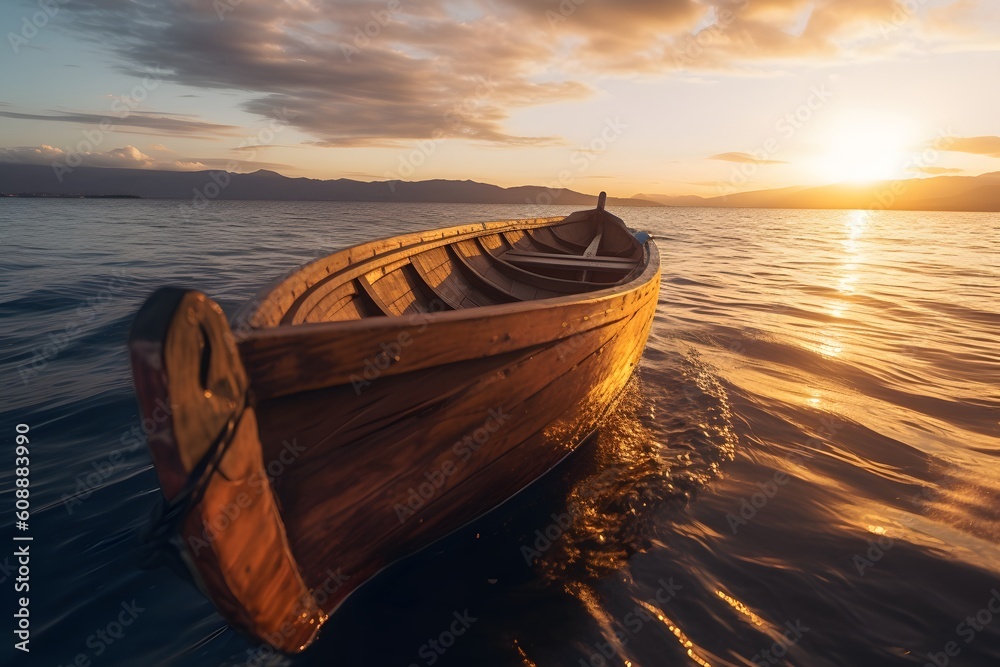 A photograph shows a handcrafted wooden boat swaying in the water at sunset. Generative AI