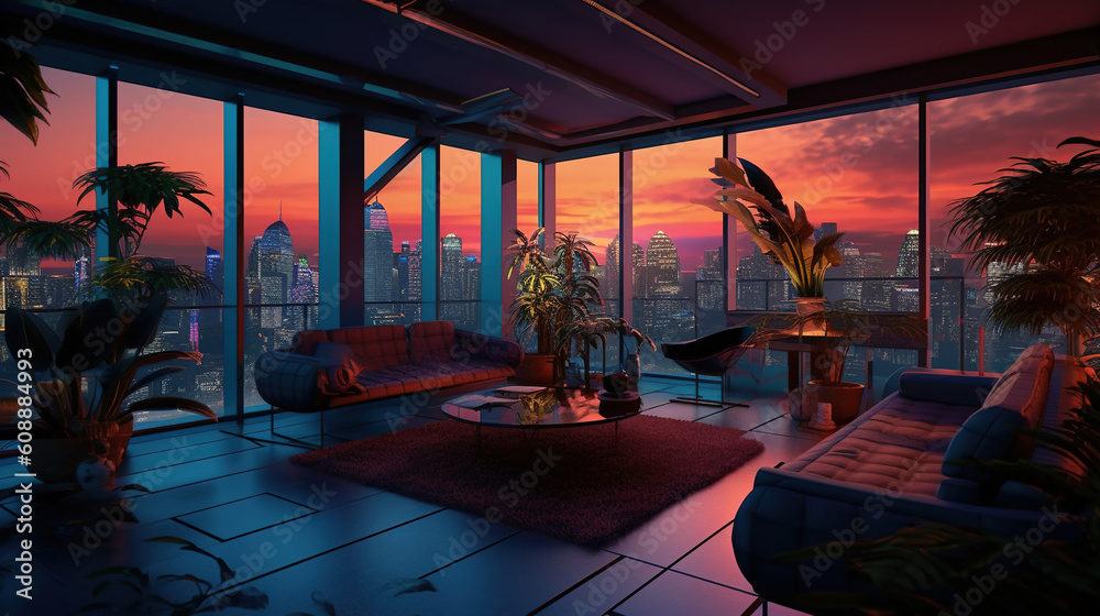 Fototapeta premium 3d illustration city at dusk in living room