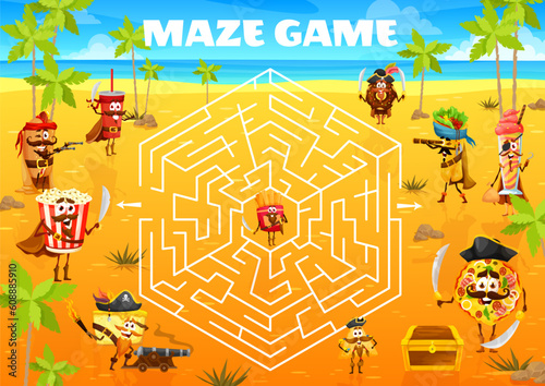 Labyrinth maze. Cartoon pirates fastfood characters on treasure island. Kids playing activity, labyrinth puzzle game or vector quiz with hotdog, popcorn and burrito, pizza, donut corsair personages