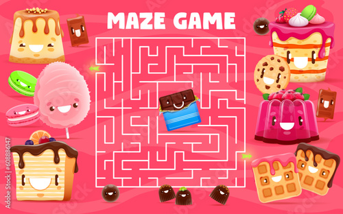 Labyrinth maze help to chocolate character find an exit and friends. Kids cartoon vector worksheet task with board game with cute cake, macaroon, candy cotton and pie. Waffle, jelly pudding, cookie