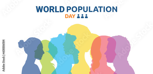 World Population Day banner. with colorful silhouette of men and women isolated on white background