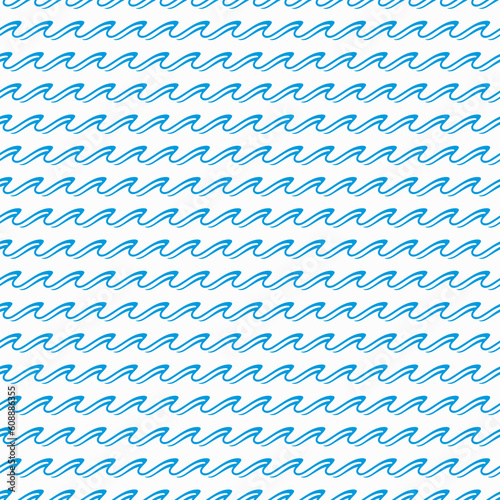 Sea and ocean blue waves seamless pattern or wavy ripple background, vector marine tide tile. Sea wave curls and wavy surfs pattern of ocean tidal curls and nautical flow ripples for wavy pattern