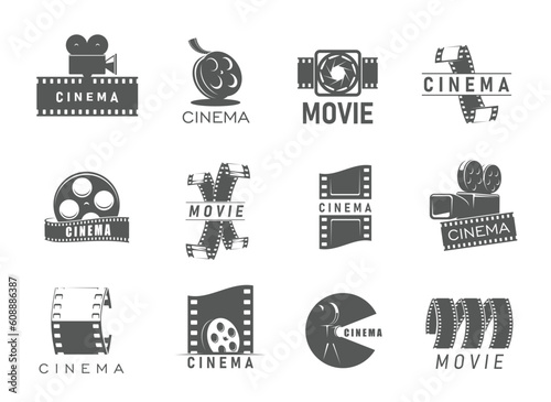 Movie cinema icons of film strip and camera reels, vector cinematography symbols. Cinema theater or movie production studio signs of retro video camera and filmstrip or camcorder shutter