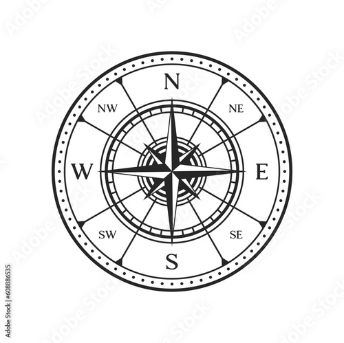 Old compass, vintage map wind rose. Monochrome windrose for cartography direction. Isolated vector medieval nautical navigation sign. Retro maritime symbol for marine travel and orienteering in sea