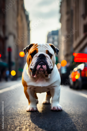 Digital photo of a cute English bulldog walking on the nights street. Generative AI © mikhailberkut