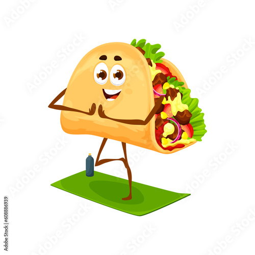 Cartoon mexican taco character on yoga, pilates or fitness sport. Cute tex-mex food vector personage of funny corn tortilla doing yoga asana or pose with exercise mat. Happy smiling taco emoji