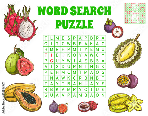 Tropical raw fruits word search puzzle game worksheet, quiz grid. Vector crossword with papaya, maracuya, fig and durian, mangosteen and guava, pitaya or carambola exotic fruits word task riddle