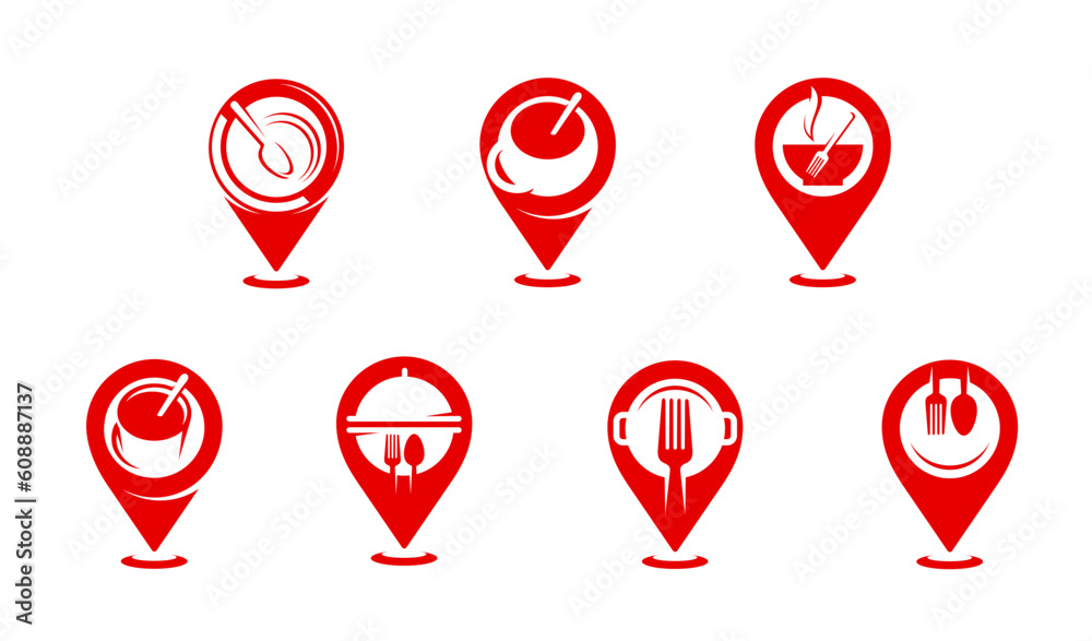 Restaurant map pointer icons, food bar, cafe or cuisine vector symbols of location pins. Map pointer icons with spoon and plate bowl, tea or coffee cup with fork for barbecue grill bar or restaurant