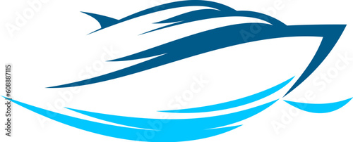 Yacht boat icon, ship cruise or marine sailboat and sea sail club vector emblem. Nautical ocean speedboat or yacht on water waves, marine travel tour and yachting club badge of yacht boat in blue line