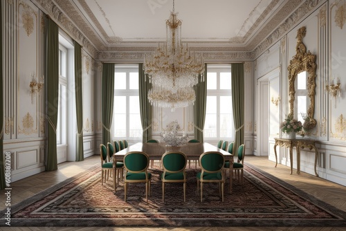 luxurious dining room with an elegant chandelier hanging above the table Generative AI