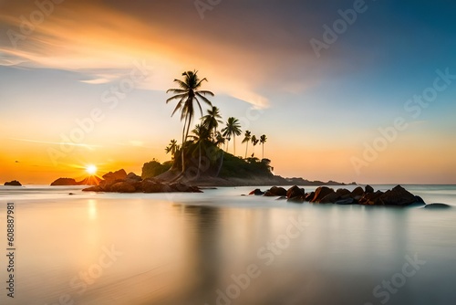 Sunset on the beach. Inspiring tropical beach seascape horizon.