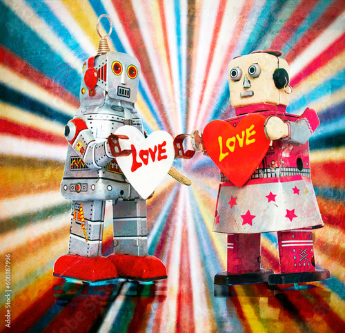 two robots with love heart with rainbow background