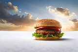 Delicious hamburgers on a cloudy sky background.