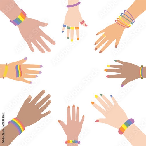 Set of hands of people with multiple race and gender with pride rainbow symbol accessories, painting and nail polish putting together for lgbtq parade flat illustration vector
