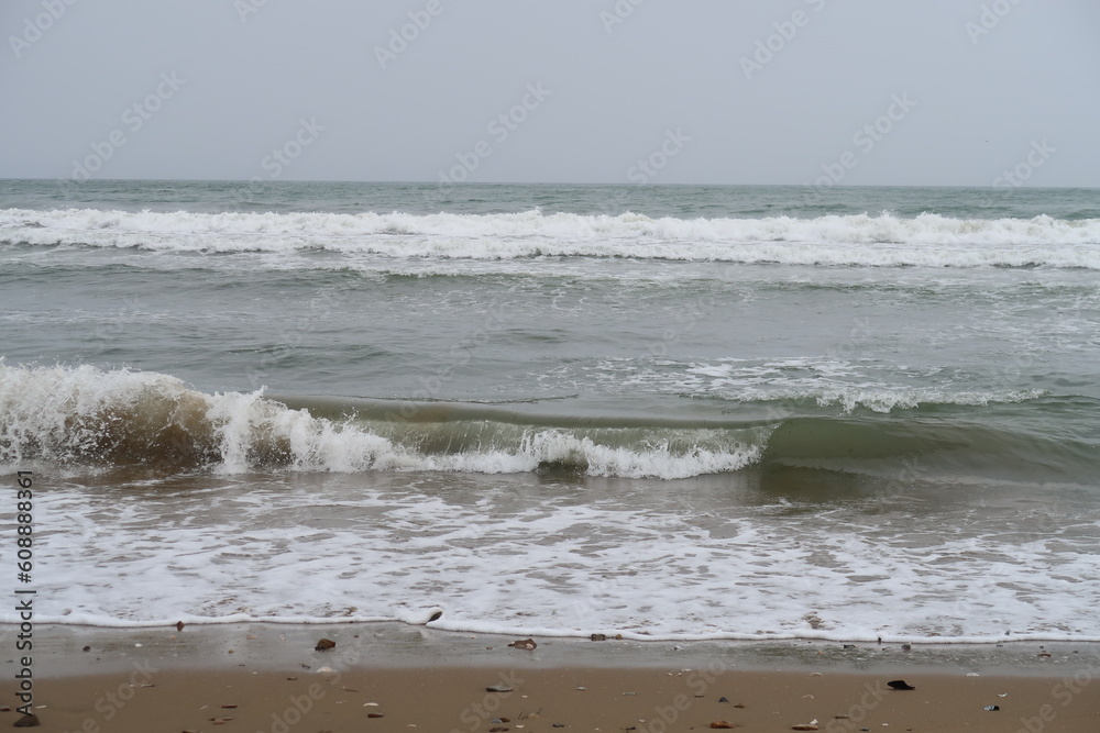 sea waves at windy gray day, white foam and splash