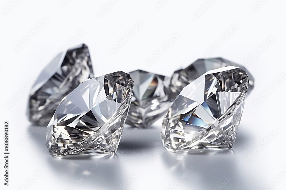 Scattered diamonds on white background close-up, created with Generative AI technology. Scattered diamonds on white background close-up, created with Generative AI technology.