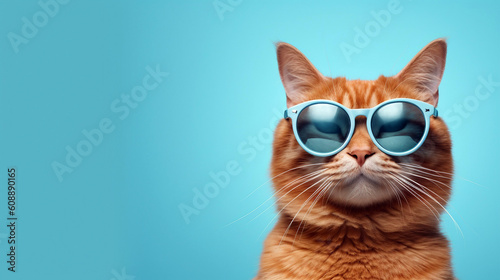 A cute cat wearing sunglasses on blue, generative ai background