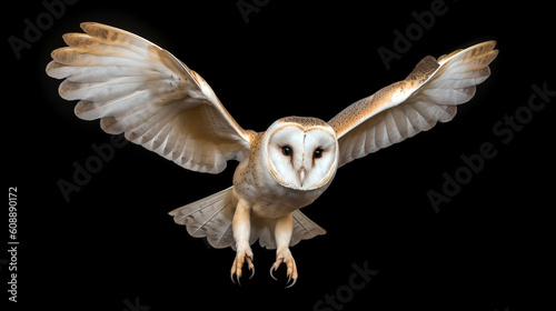 Beautiful barn owl flying isolated on black background generative ai