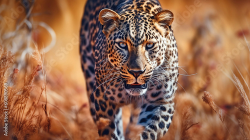 Leopard is walking through brown grassland, generative ai illustration © ardanz