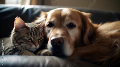 An adorable snapshot of a cat and dog cuddled. Generative AI © We3 Animal