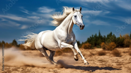 A white horse running on a sand beach with blue sky generative ai background © ardanz