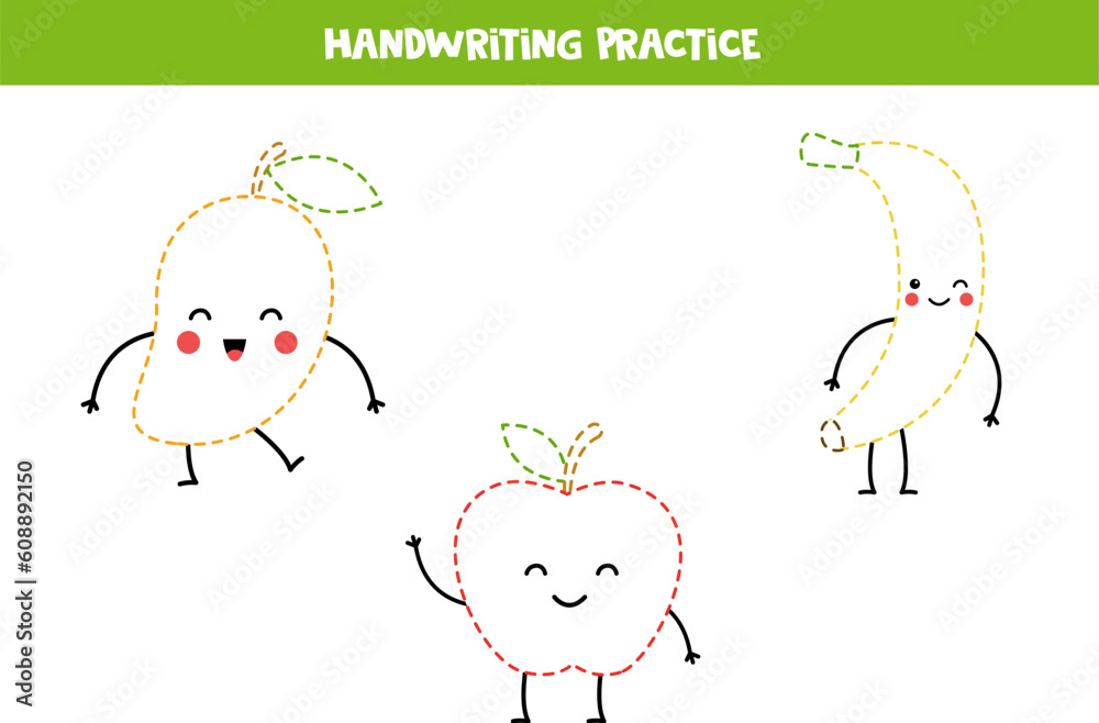 Obraz premium Handwriting practice with cute kawaii fruits. Tracing lines for preschoolers. Vector illustration.